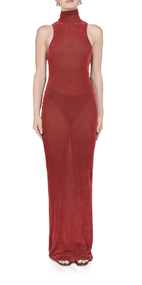 PRISCAVera Velvet Mesh Turtleneck Dress Brick