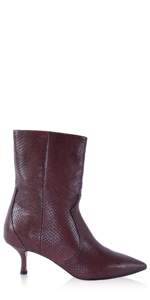 Stacie Snake Embossed Kitten Heeled Boot Burgundy
