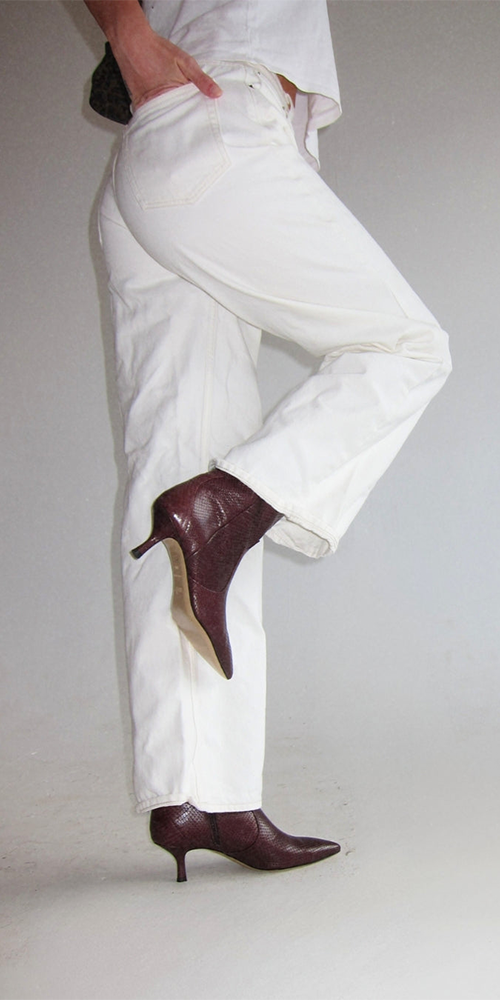 Stacie Snake Embossed Kitten Heeled Boot Burgundy