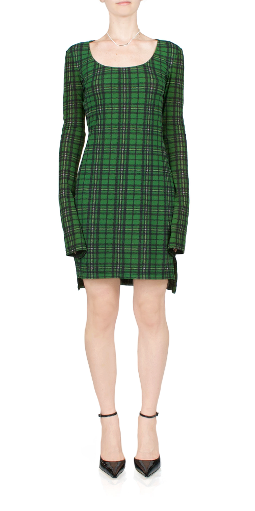 Long Sleeve Mini Dress in Green Tartan
