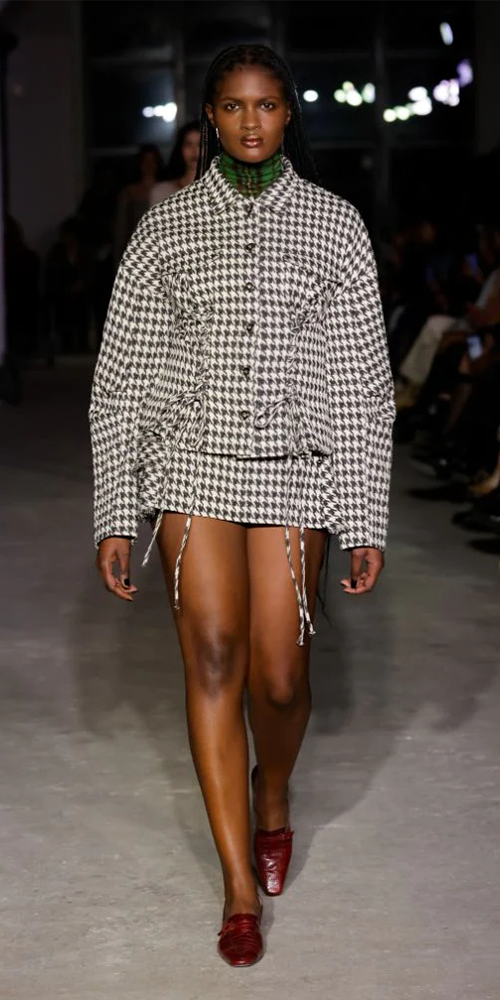 Houndstooth Stretch Wool Ruffle Mini Skirt
