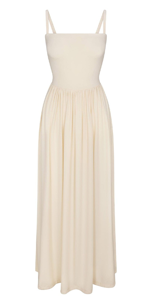 Square Neck Gathered A-Line Maxi Dress in Compact Jersey