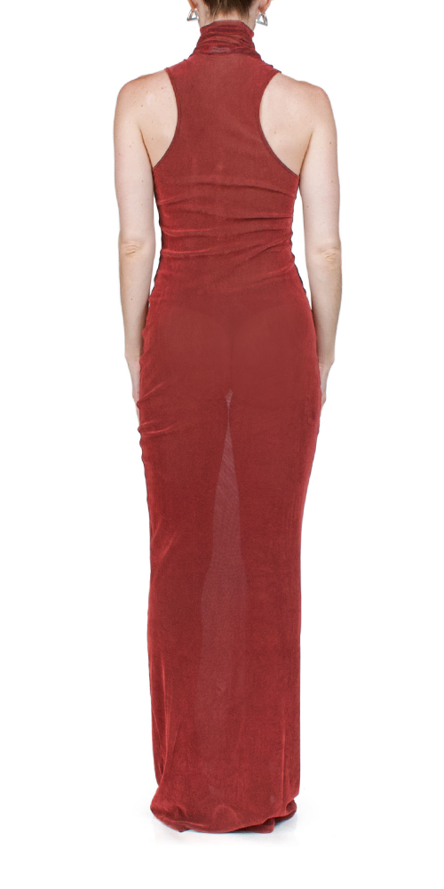 Velvet Mesh Turtleneck Dress Brick