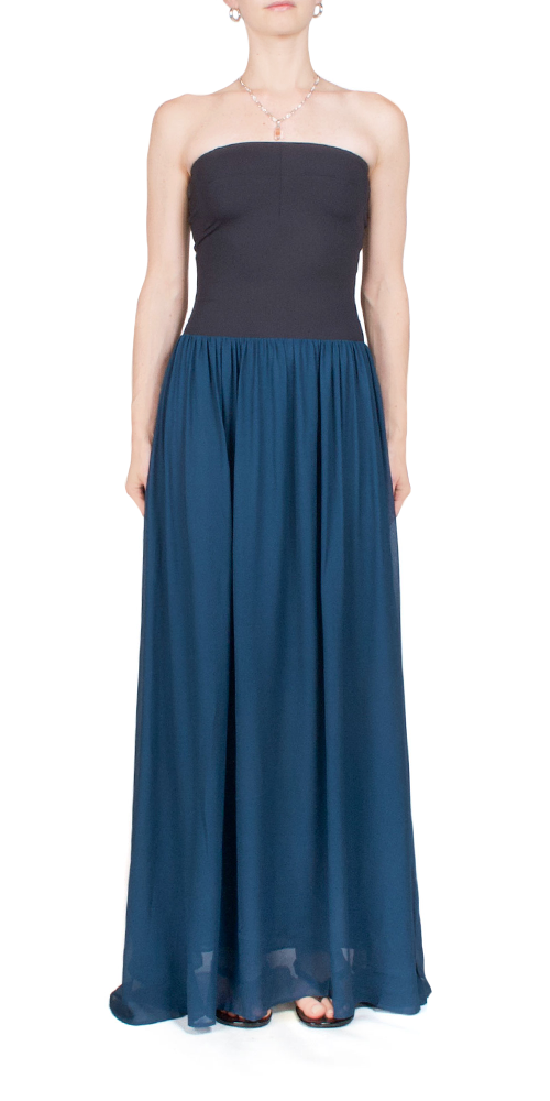 Ciao Lucia Giselle Navy Chiffon and Jersey Strapless Maxi Dress L