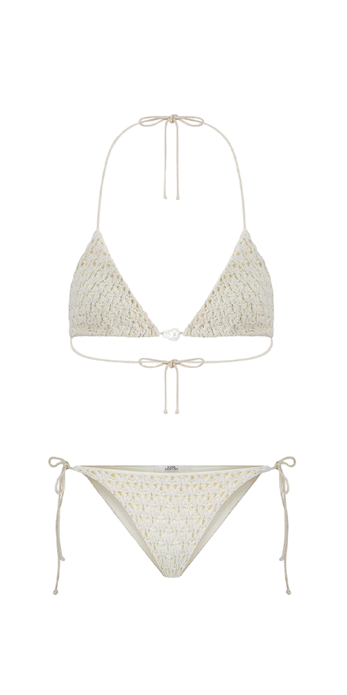 Triangle Bikini with Pearl in Ecru Crochet