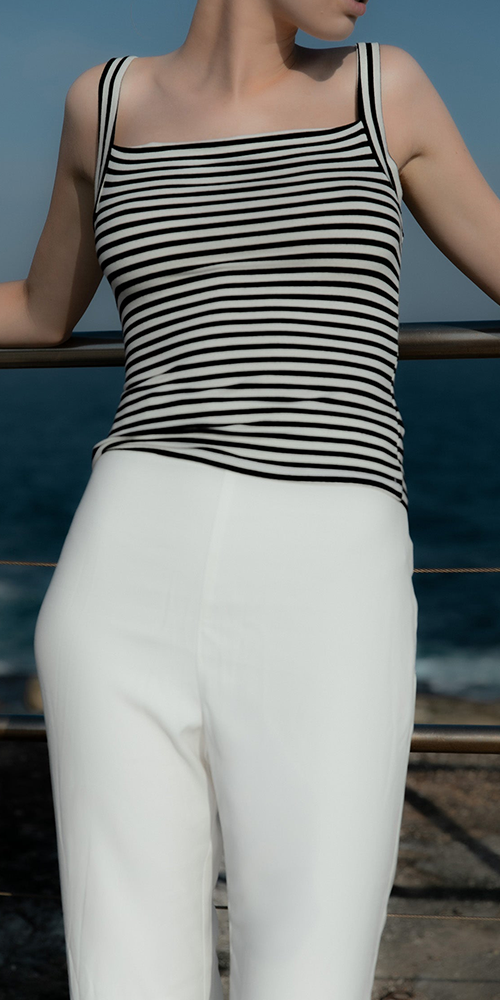 Square Neck Tank Top In Black &amp; White Stripe Jersey