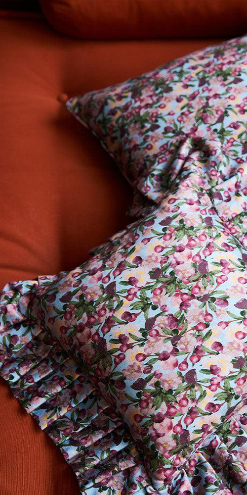 Ruffled Pillow Cover Romance is Dead Blue