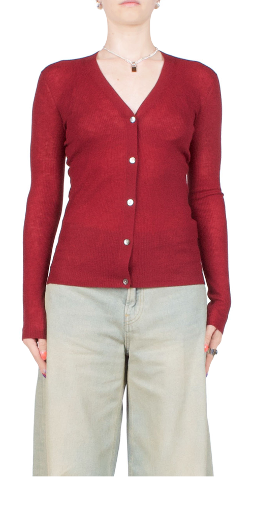 Skinny Rib V Cardigan Wine