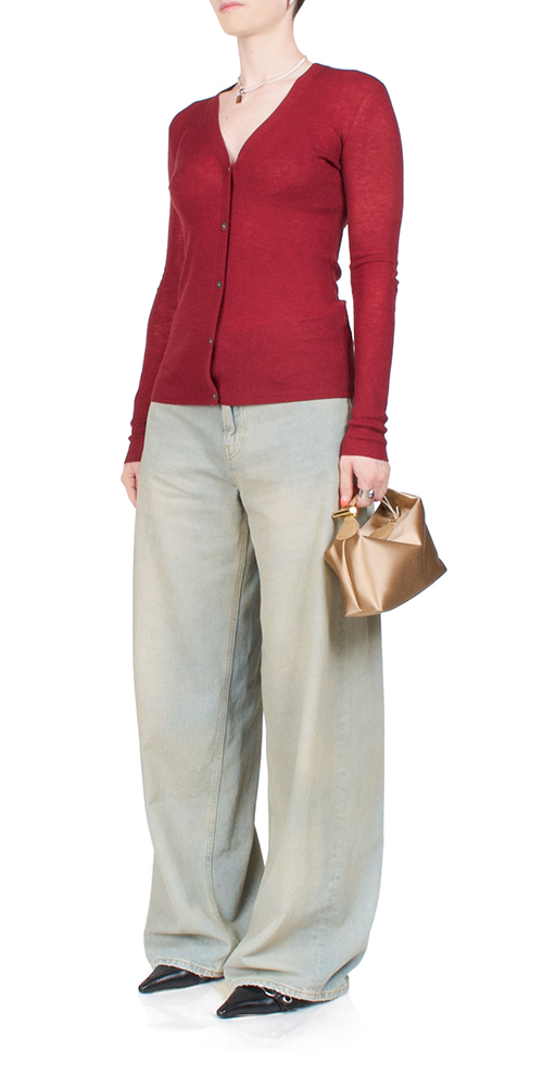 Skinny Rib V Cardigan Wine