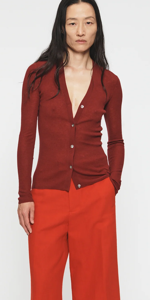 Skinny Rib V Cardigan Wine