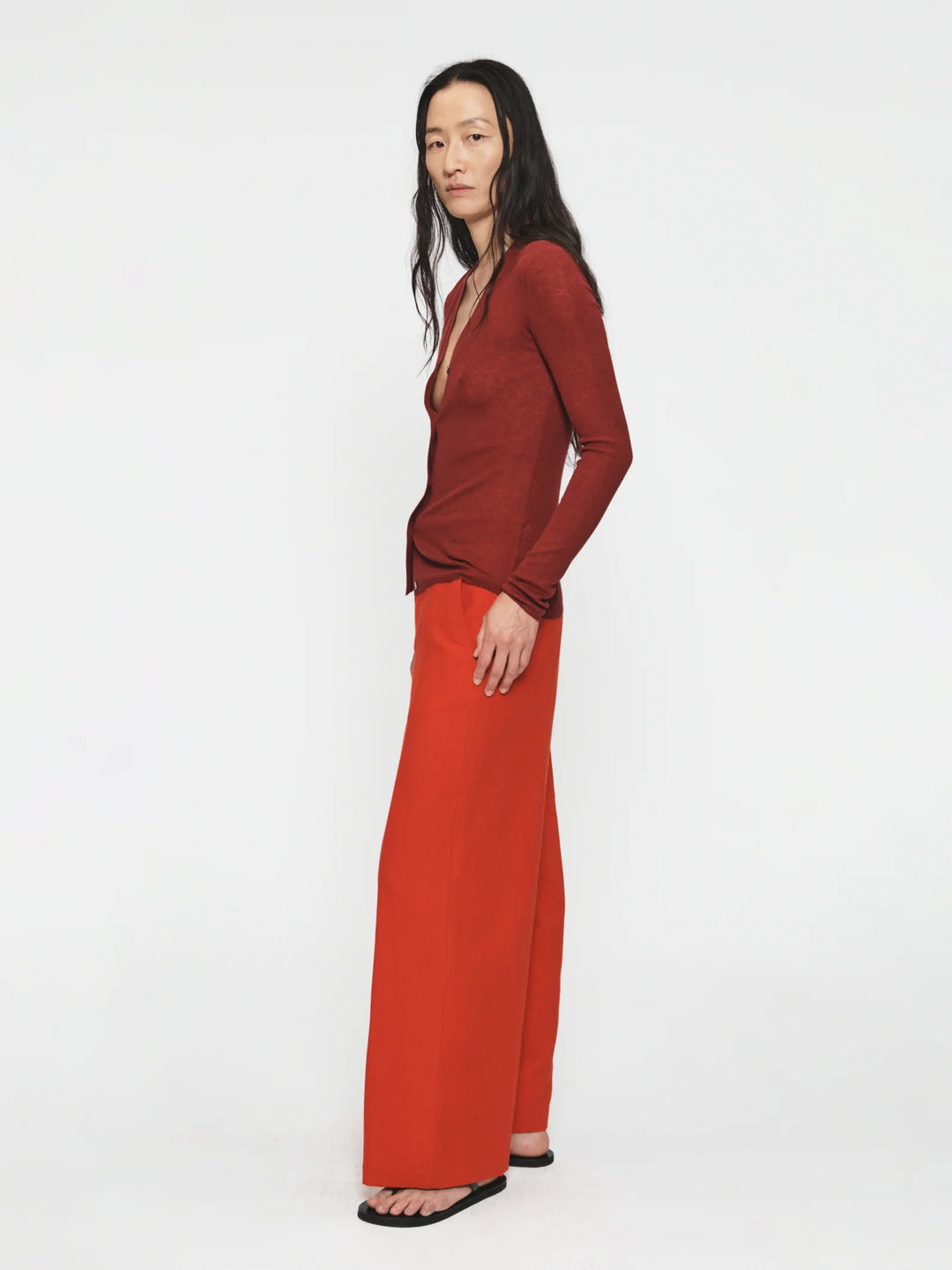 Skinny Rib V Cardigan Wine