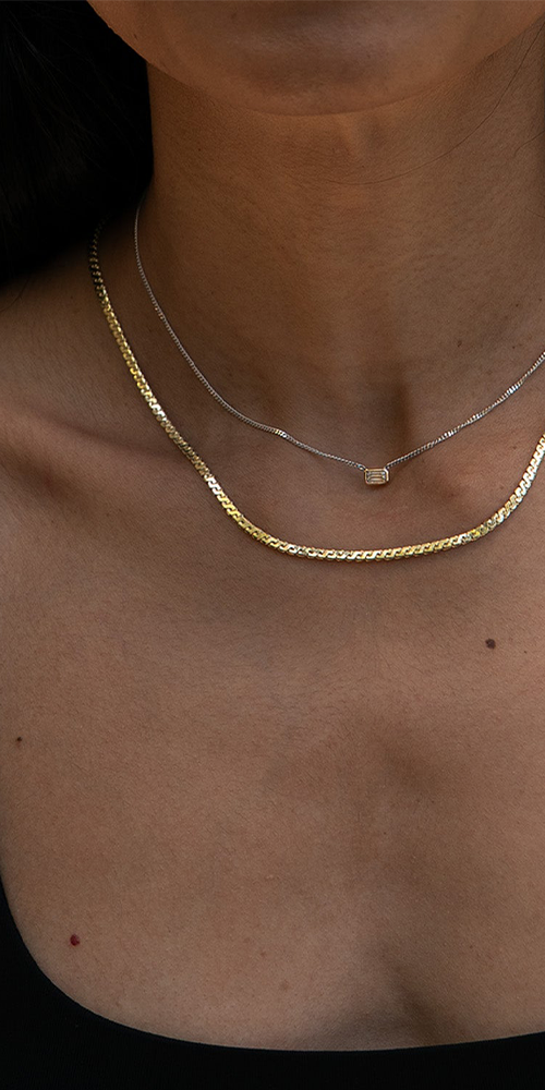 Mixed Metal Emerald Cut Floating Diamond Necklace