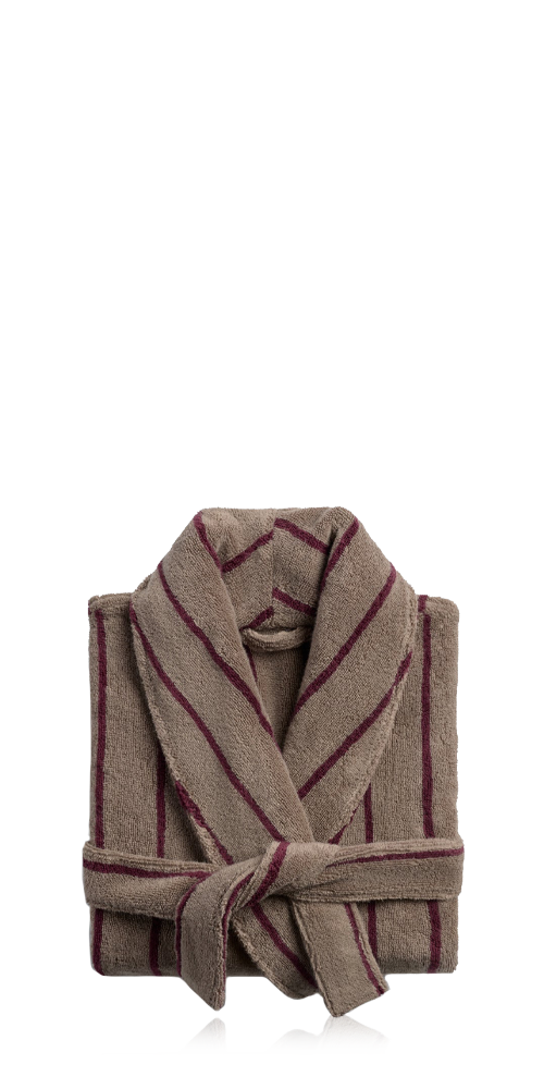 Turkish Cotton Stripe Robe Warm Grey with Garnet