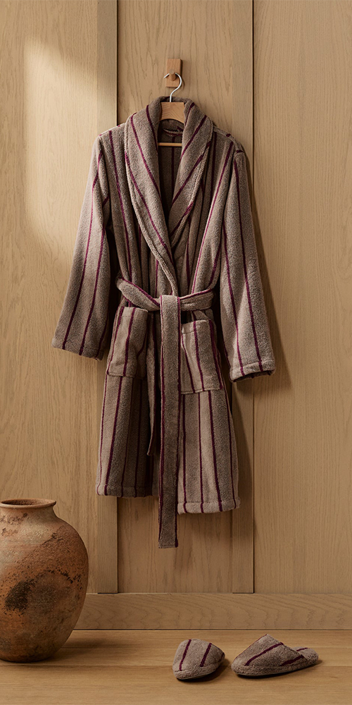 Turkish Cotton Stripe Robe Warm Grey with Garnet