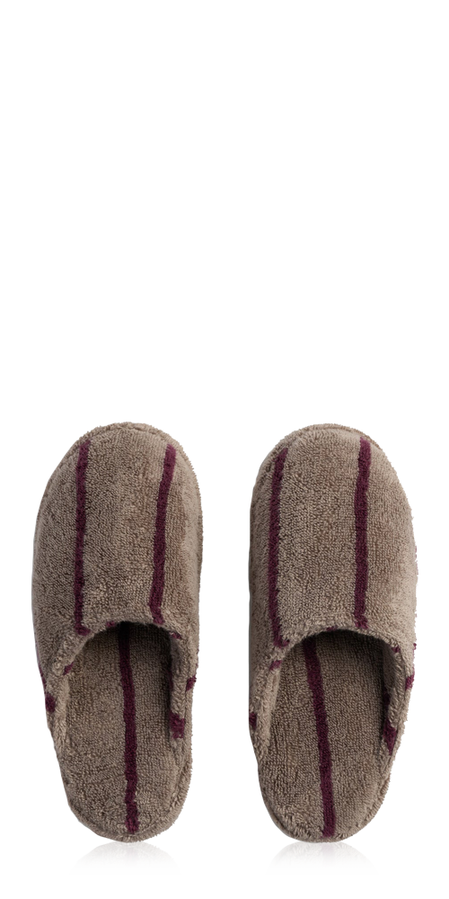 Turkish Cotton Stripe Slippers Warm Grey with Garnet
