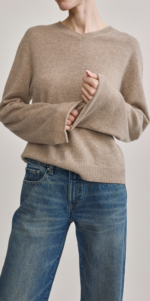 V-Neck Long Sleeve Cashmere Knit Sweater Stone
