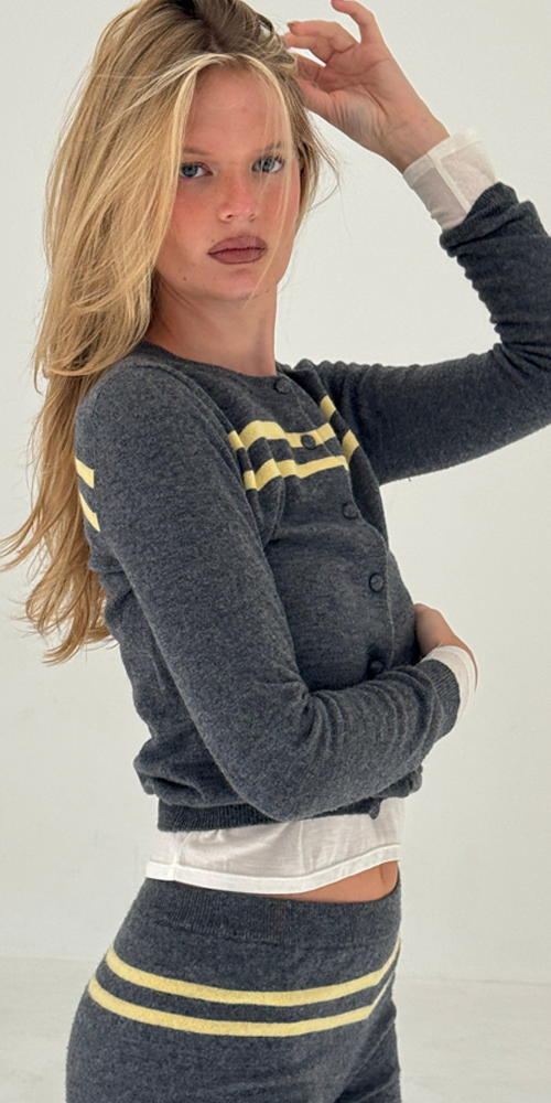 Cashmere Wool Stripe Cardigan in Charcoal/Butter