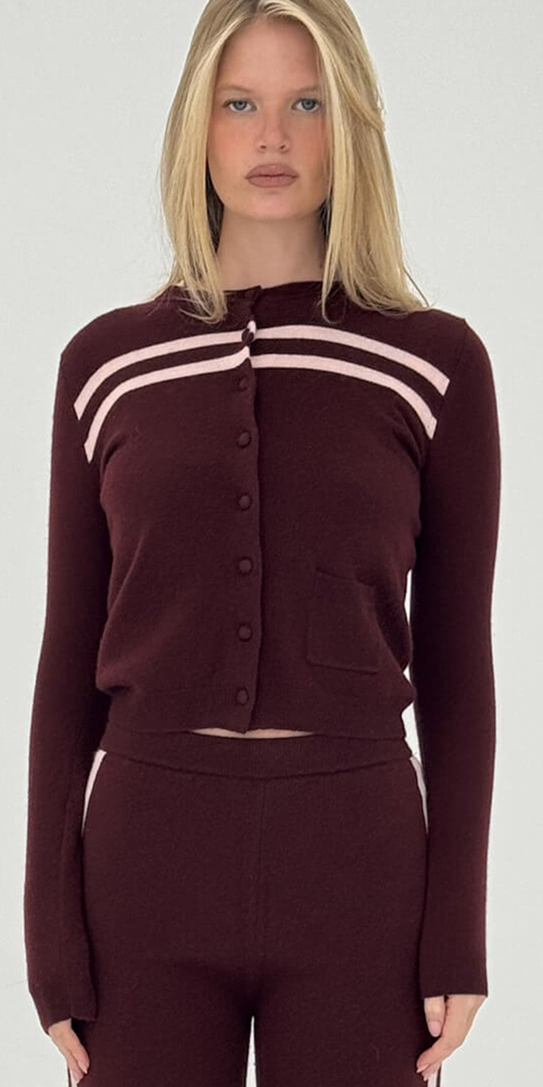 Cashmere Wool Stripe Cardigan Raspberry Cream
