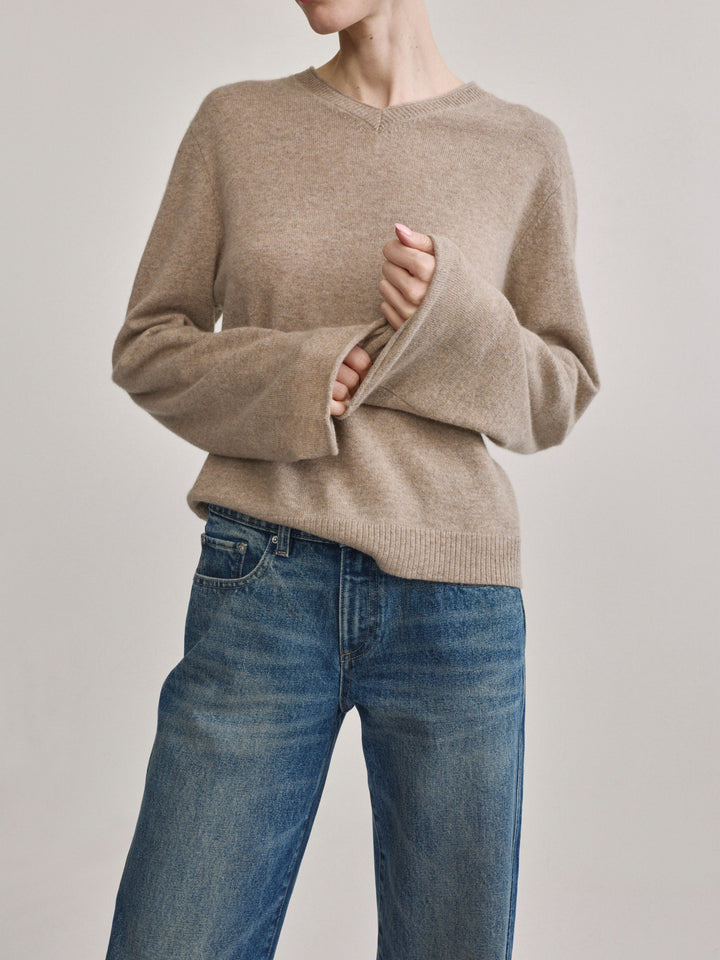V-Neck Long Sleeve Cashmere Knit Sweater Stone