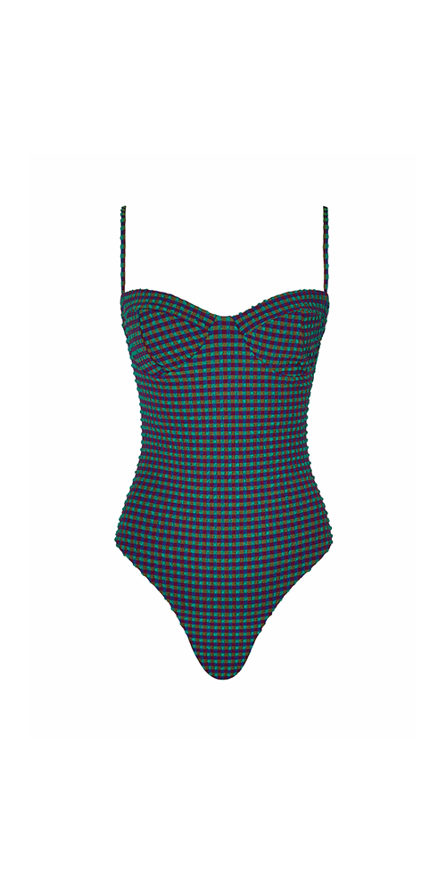 The Bowie One Piece Eggplant Plaid
