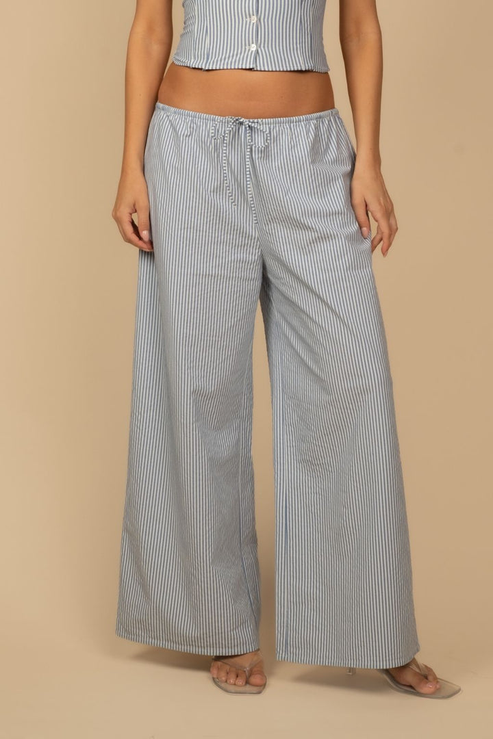 Classic Blue Stripe Drawstring Wide-Leg Pant