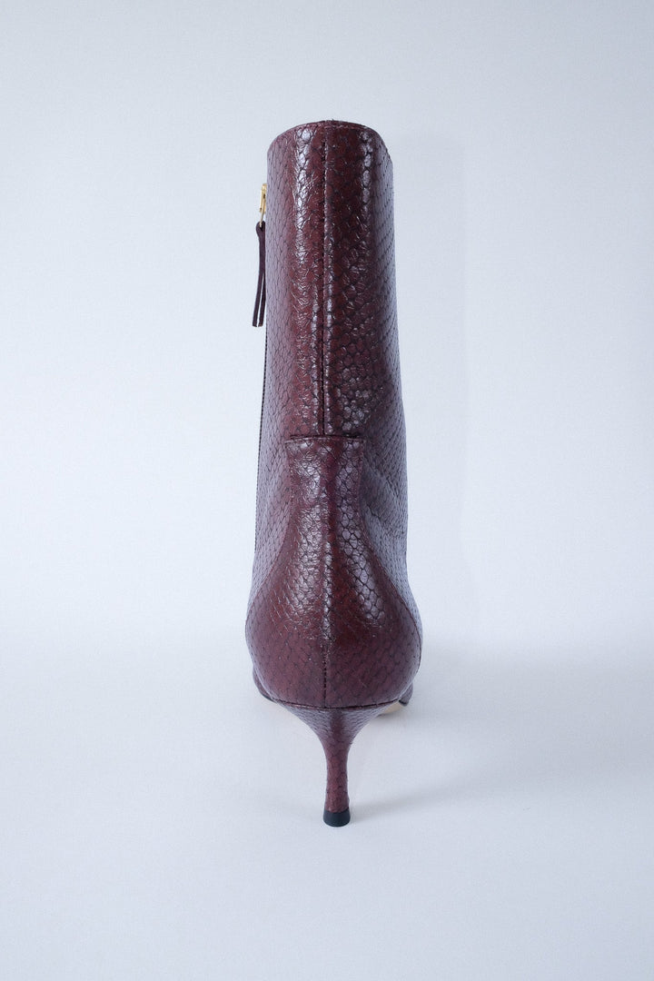 Stacie Snake Embossed Kitten Heeled Boot Burgundy