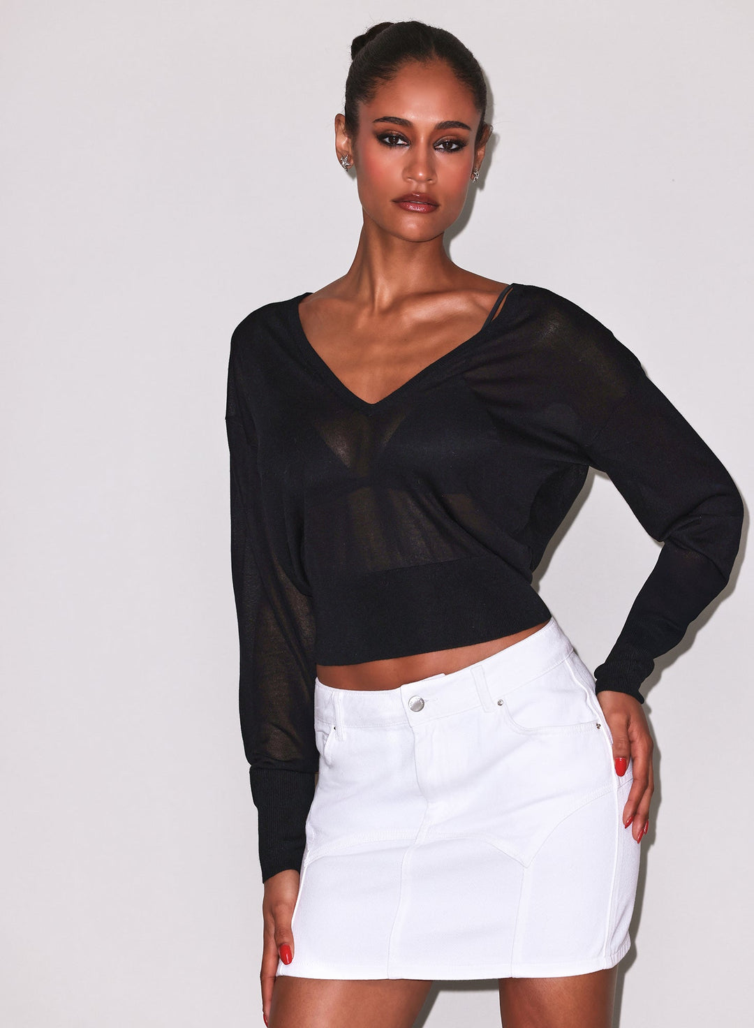 Sheer Knit V-Neck Sweater Black