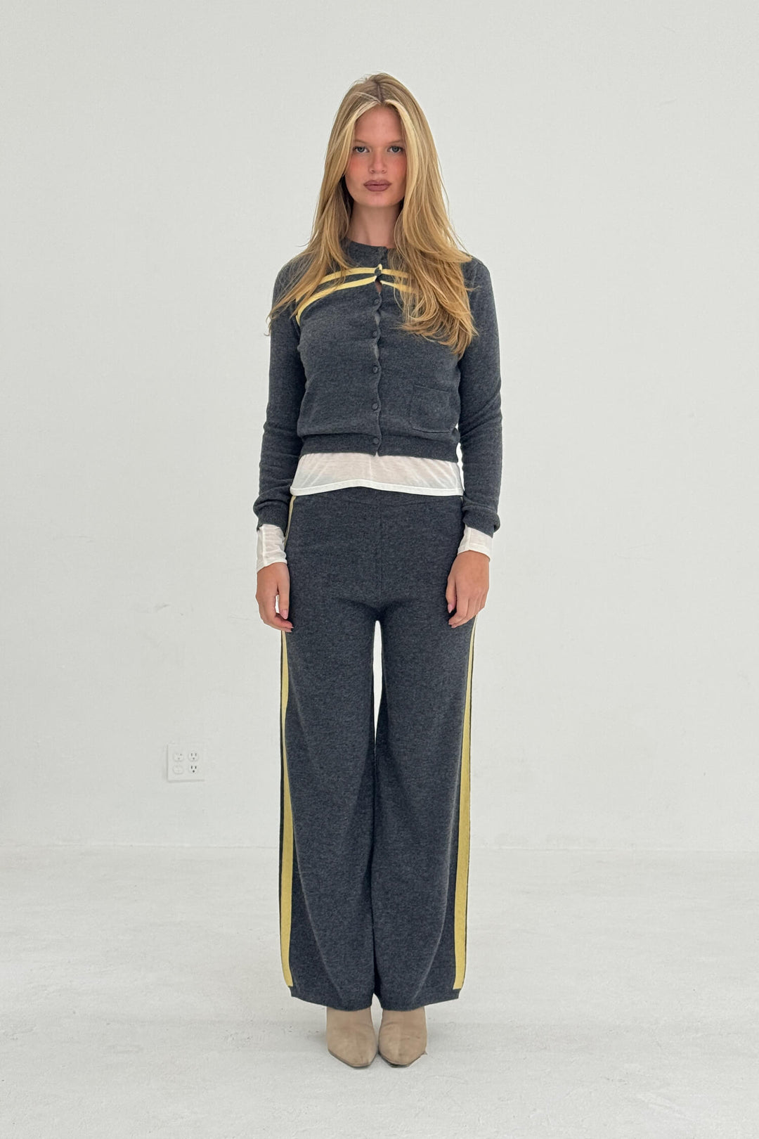 Cashmere Wool Stripe Cardigan in Charcoal/Butter