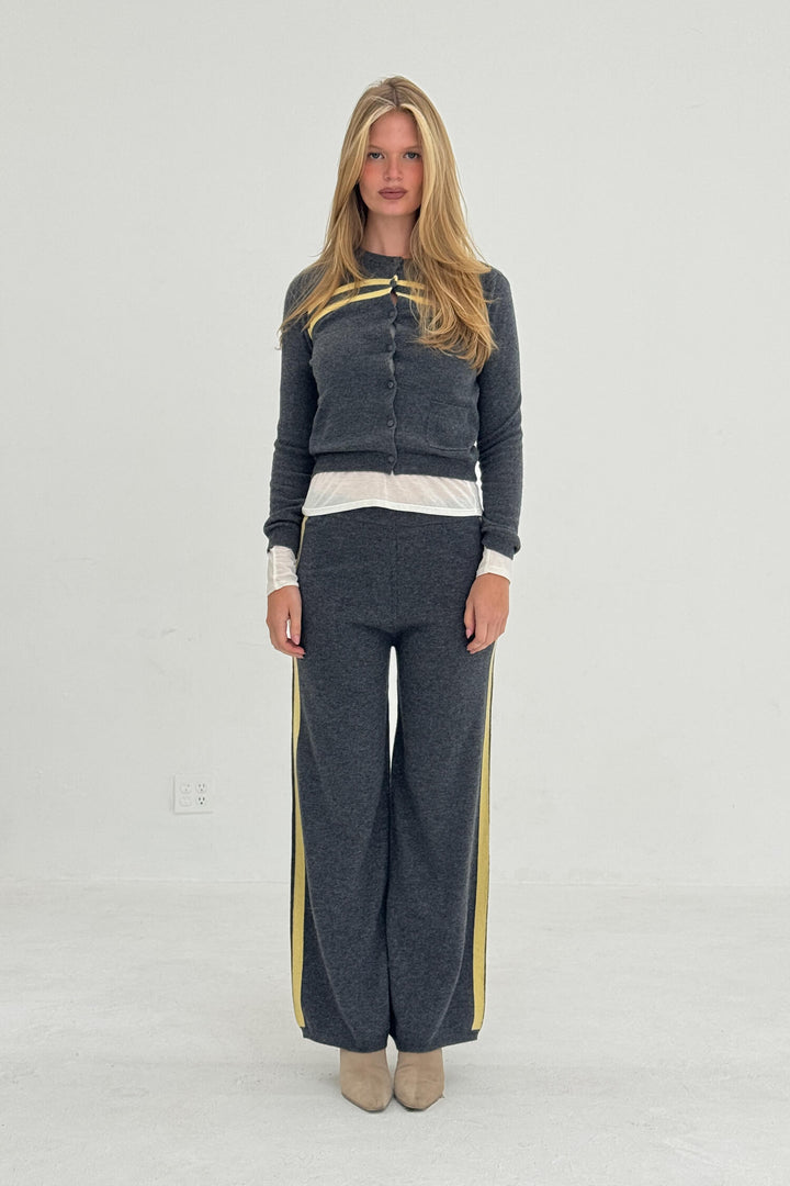 Cashmere Wool Stripe Cardigan in Charcoal/Butter