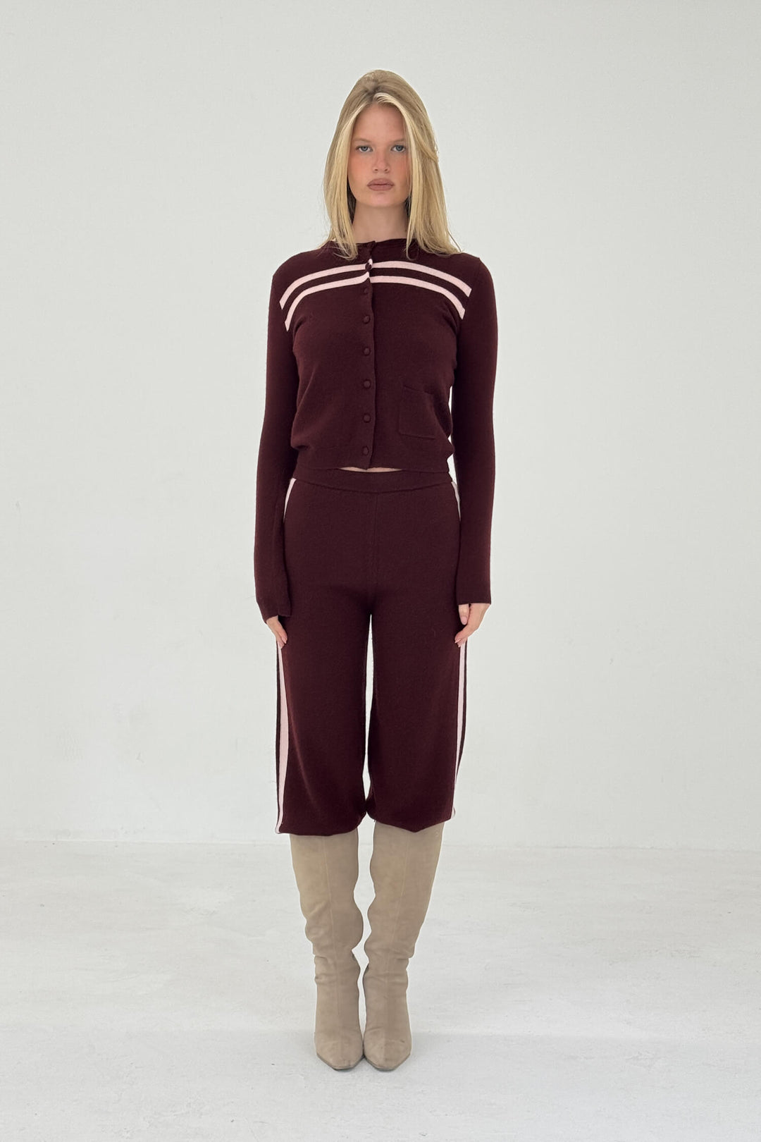 Cashmere Wool Stripe Cardigan Raspberry Cream