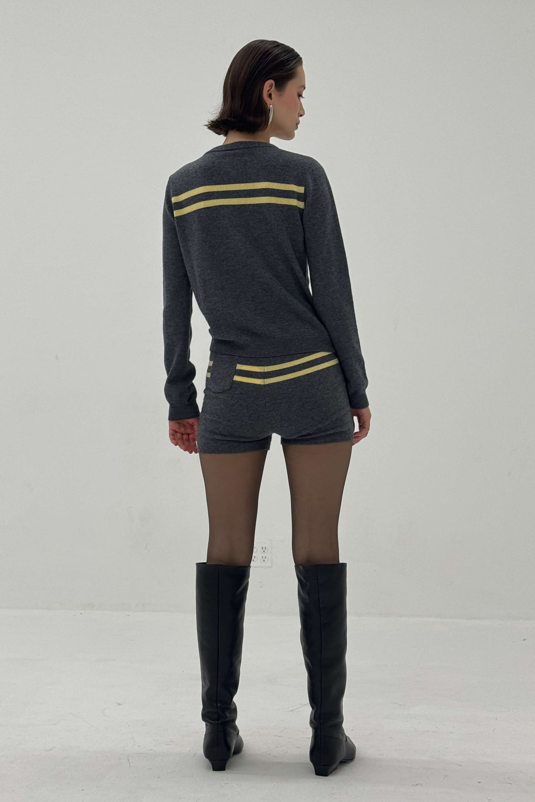 Cashmere Wool Stripe Cardigan in Charcoal/Butter