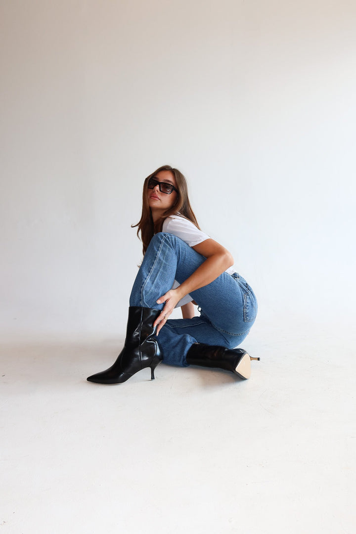 Stacie Leather Kitten Heeled Boot Black