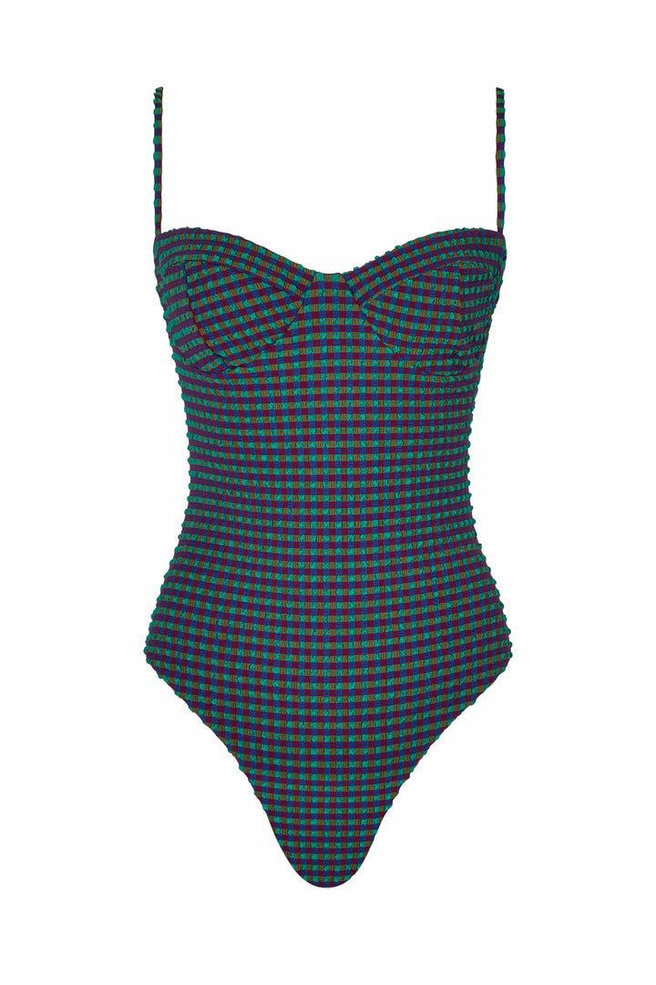 The Bowie One Piece Eggplant Plaid