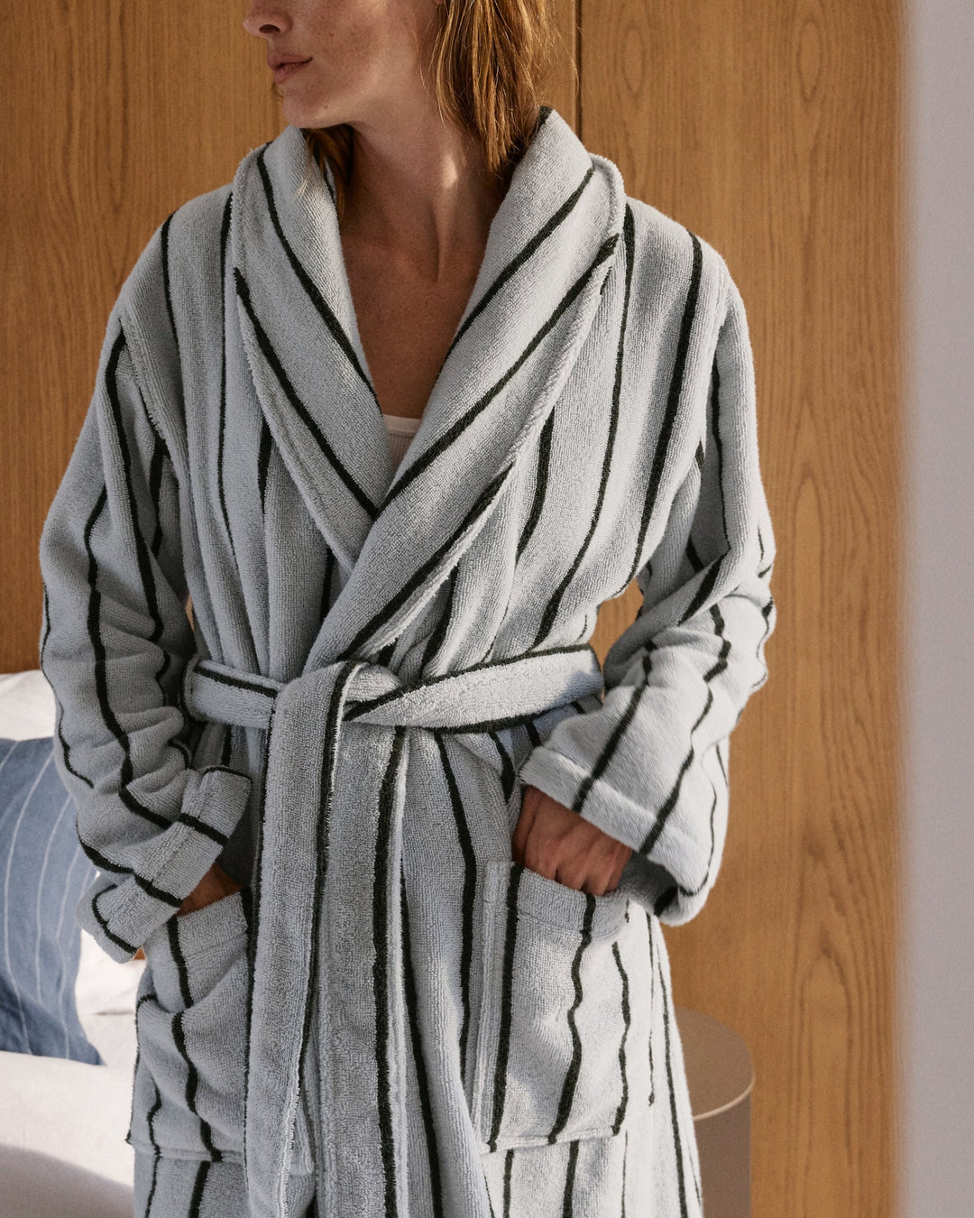 Turkish Cotton Stripe Robe Sky with Evergreen