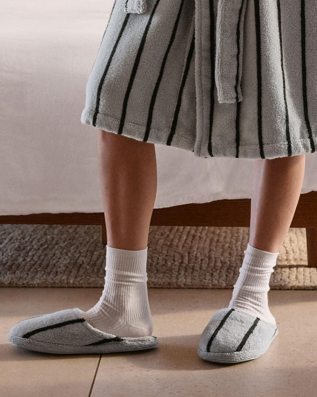 Turkish Cotton Stripe Slippers Sky with Evergreen