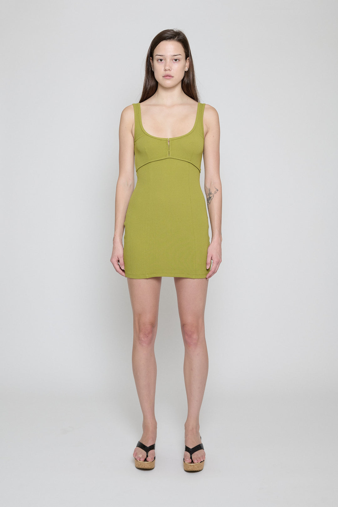 Ribbed Square Neck Dress Split Pea