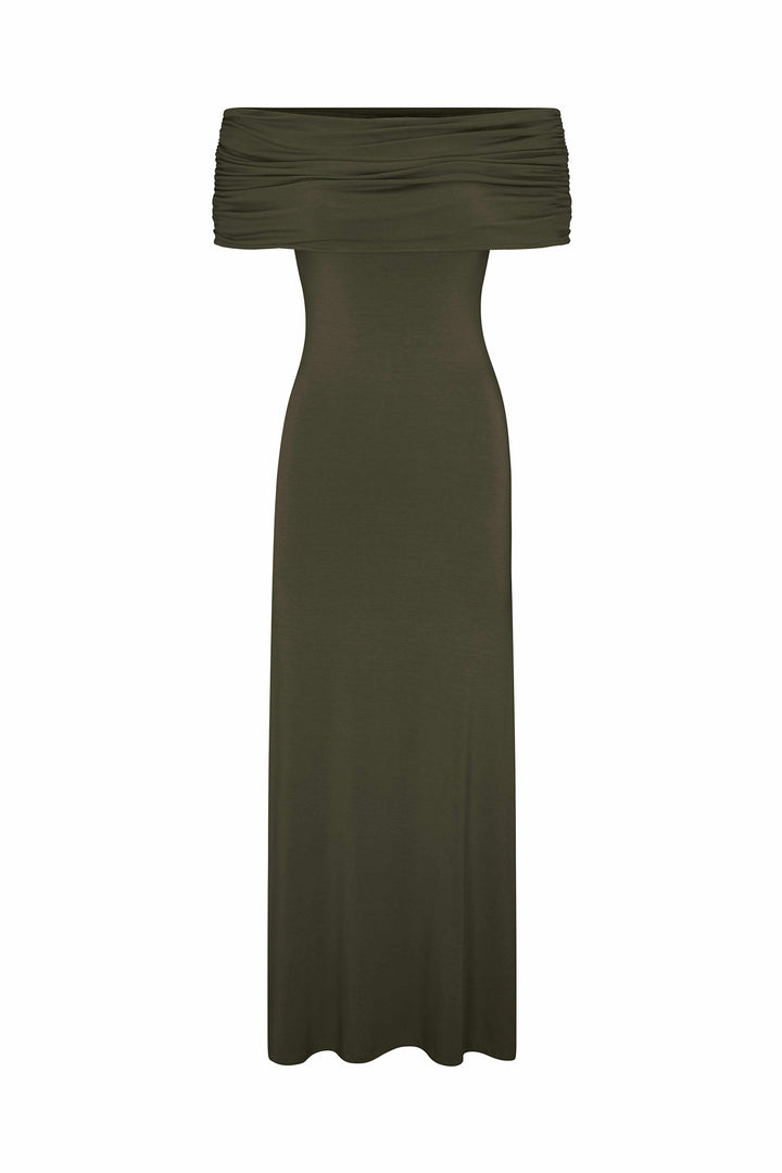 Ruched Off-The-Shoulder Maxi Dress