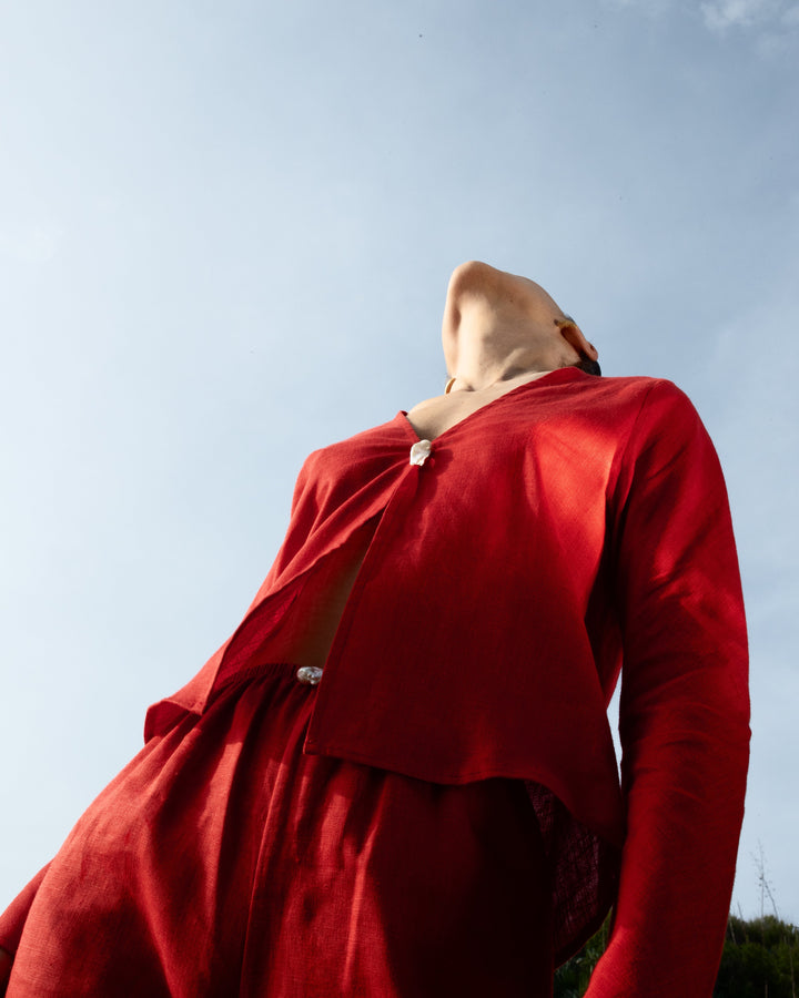 Nerea Top with Pearl in Red Linen