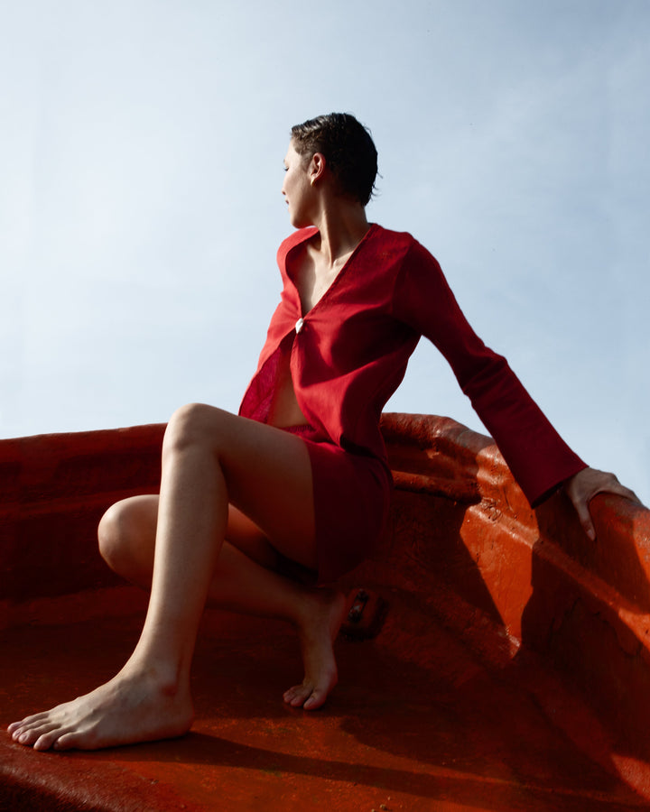 Nerea Top with Pearl in Red Linen