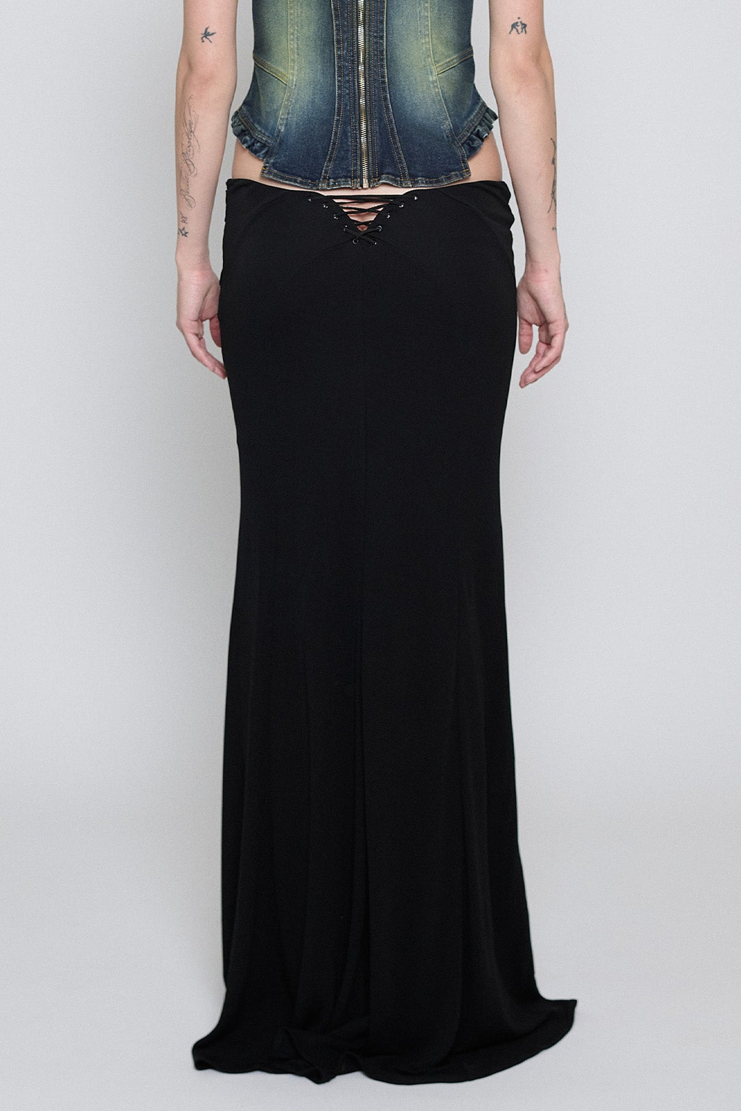 Lace-Up Paneled Maxi Skirt Black