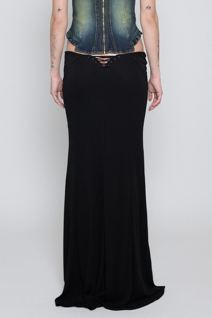 Lace-Up Paneled Maxi Skirt Black