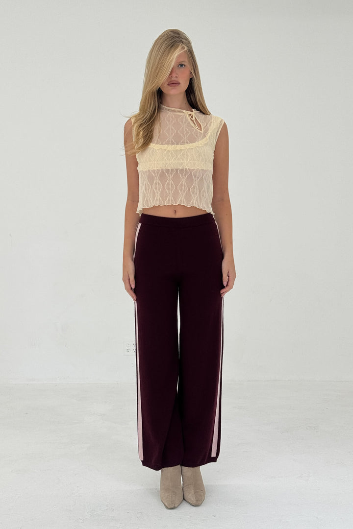 Cashmere Wool Stripe Wide-Leg Pant Raspberry
