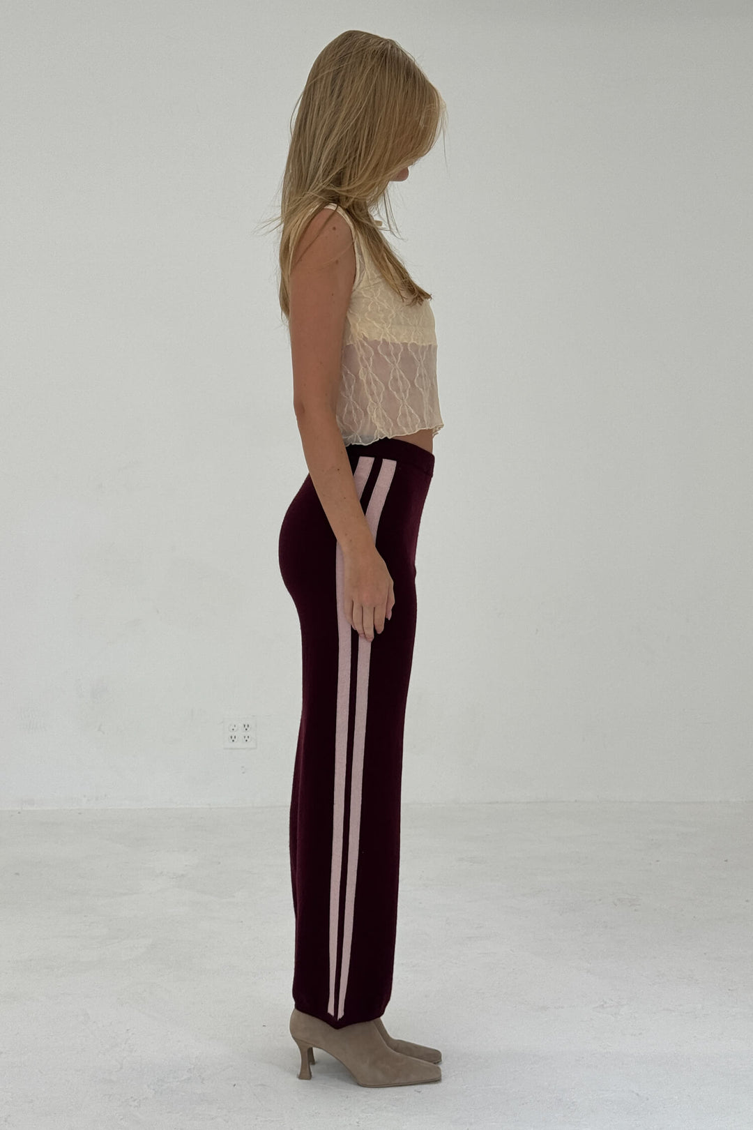 Cashmere Wool Stripe Wide-Leg Pant Raspberry