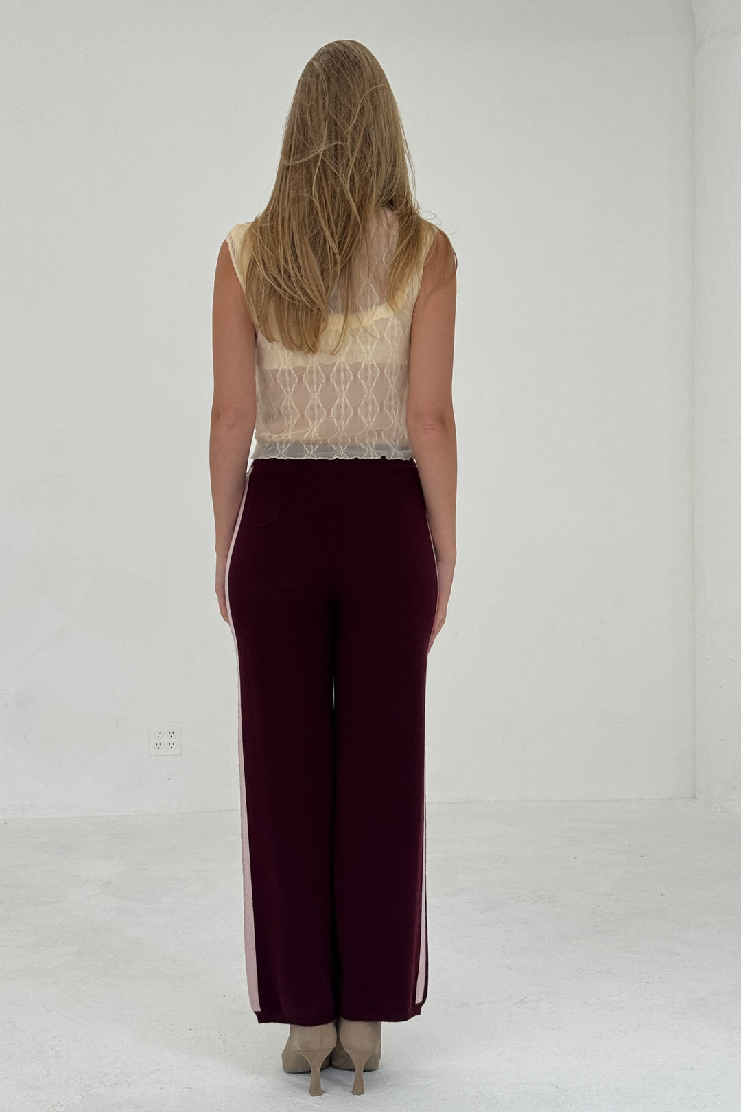 Cashmere Wool Stripe Wide-Leg Pant Raspberry