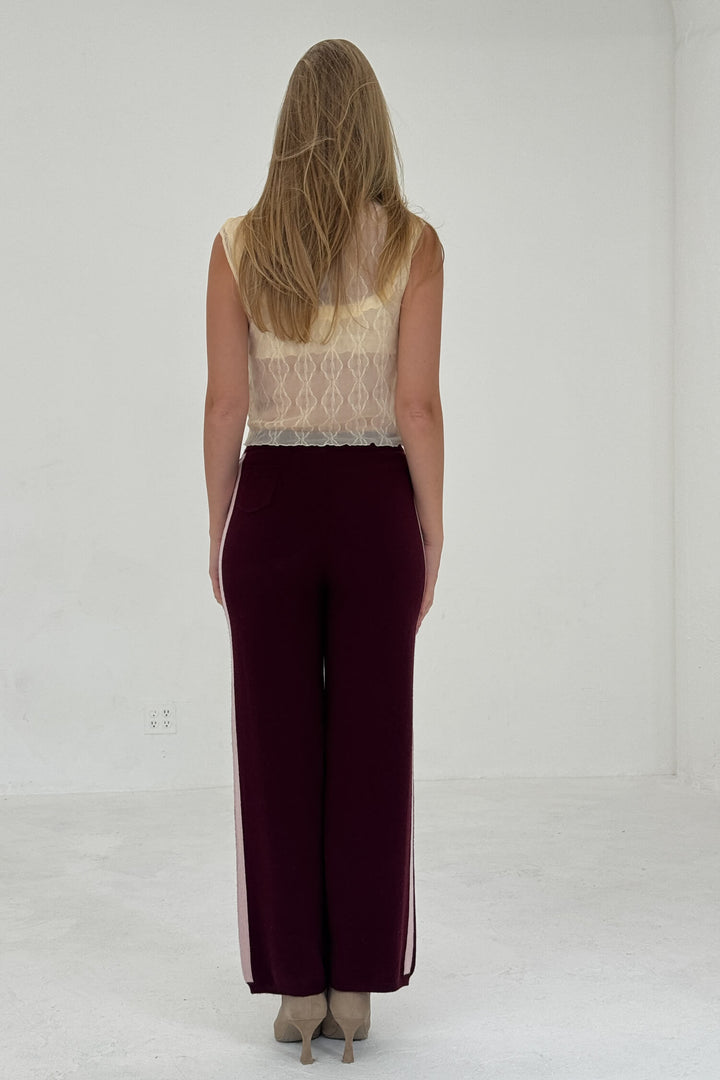 Cashmere Wool Stripe Wide-Leg Pant Raspberry