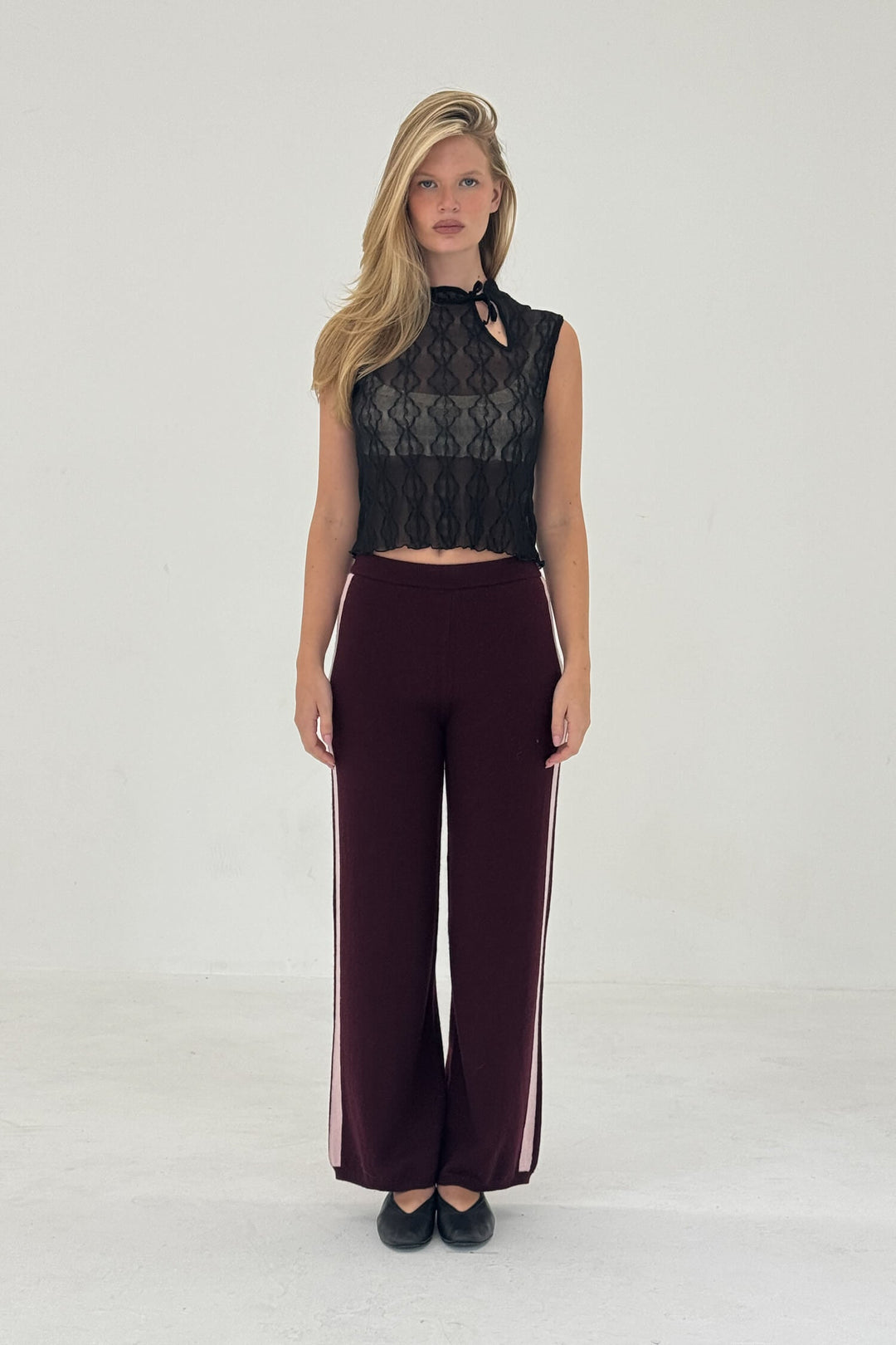 Cashmere Wool Stripe Wide-Leg Pant Raspberry