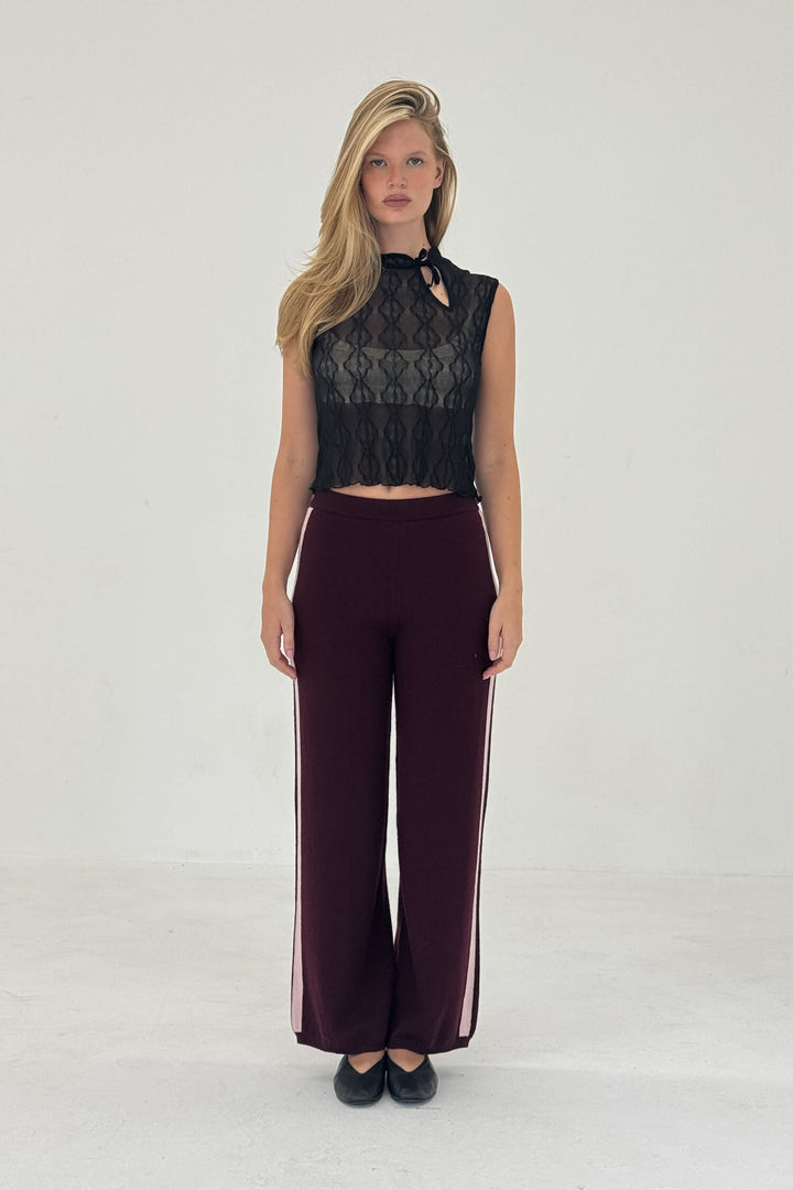 Cashmere Wool Stripe Wide-Leg Pant Raspberry