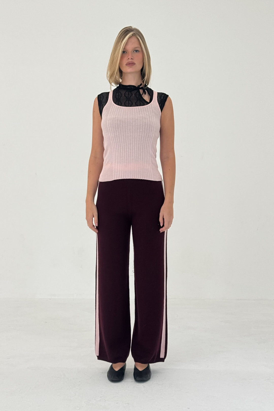 Cashmere Wool Stripe Wide-Leg Pant Raspberry