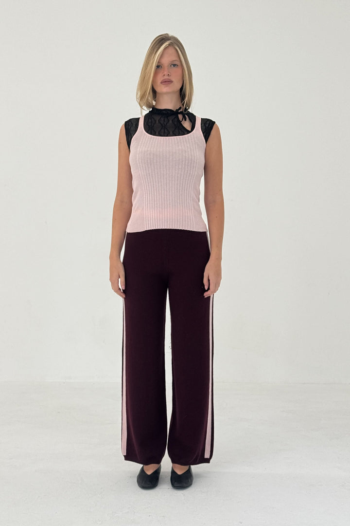 Cashmere Wool Stripe Wide-Leg Pant Raspberry