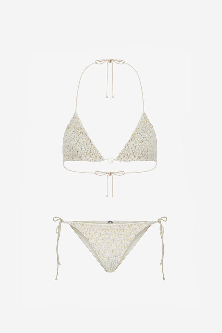 Triangle Bikini with Pearl in Ecru Crochet